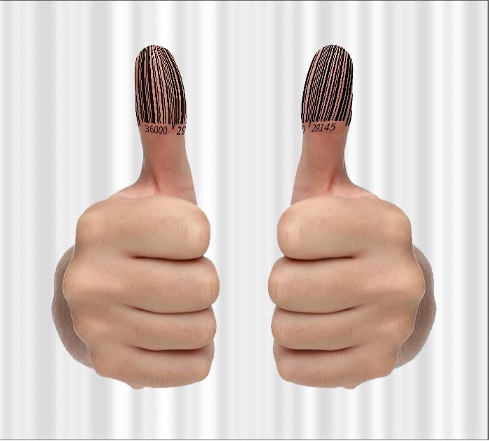 thumbs up with barcode tattoo.