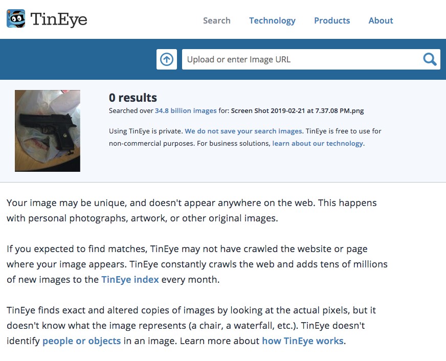 Result from TinEye Suggesting that a Photo May Be Unique
