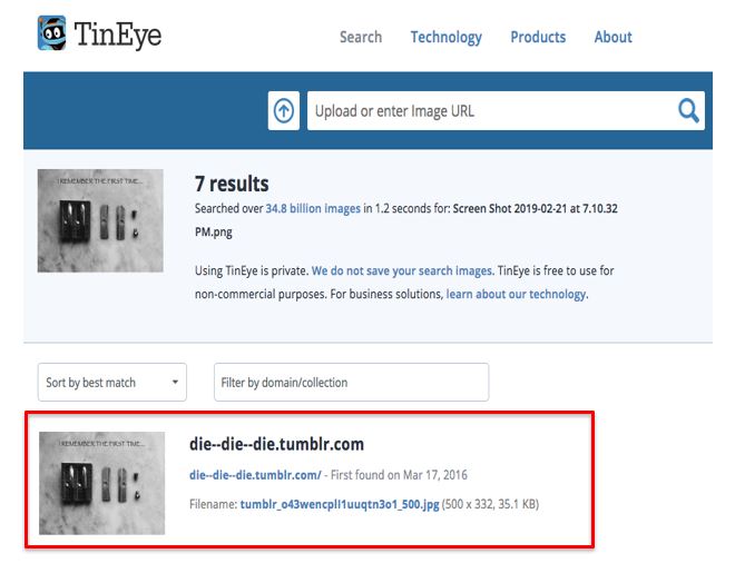 TinEye search results of self-harm image