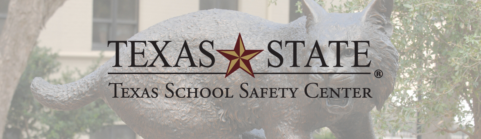 Texas School Safety Center Logo with TX State University's statue of their mascot (Bobcat) in the background