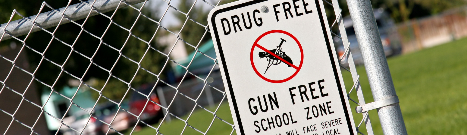 Drug-free zone sign outside of school